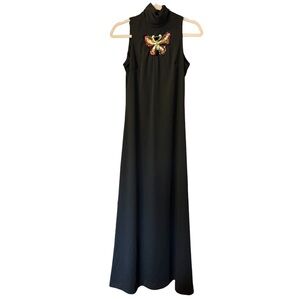 Vintage 70s Sequin Butterfly Black High Neck Maxi Dress with Keyhole Cutout XS/S